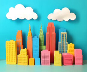 Playful Paper Crafted Cityscape with Teal Sky and Cloud Accents