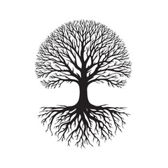 Tree silhouette. Big tree vector silhouette design. Tree with root vector illustration. Tree logo, icon black and white.