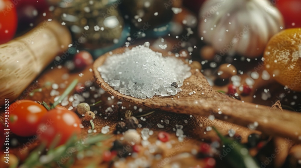 Poster a spoonful of salt is on a table with other spices and vegetables