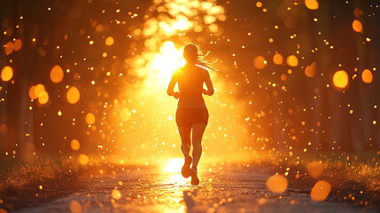A person jogs along a peaceful path illuminated by warm sunlight, with glowing particles creating a magical atmosphere at dawn