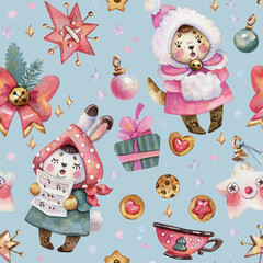 A fun seamless pattern showcasing rabbits and cats, paired with snowflakes, tea, cookies, and gifts. Perfect for wrapping paper, covers, and textiles.