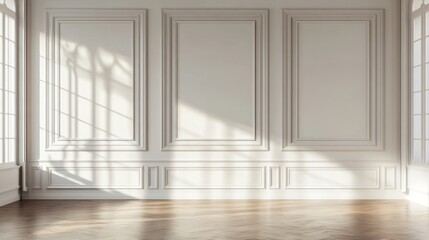 Elegant interior with white classic wall panel and light brown wooden floor. Bright background with luxury and elegant molding frames. Realistic 3D vector illustration of home or office design.