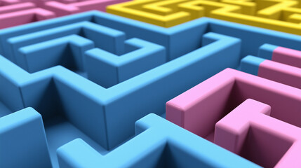 A maze with blue, pink and yellow walls