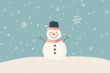 Cheerful snowman wearing a scarf and hat, standing on a snowy hill with falling snowflakes