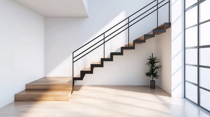 Modern minimalist staircase with black metal railings and floating wood steps, surrounded by clean, white walls