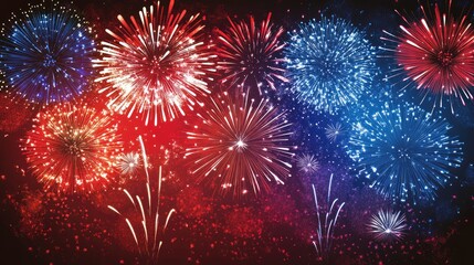 Vibrant fireworks display featuring red white and blue colors set against a backdrop that offers ample copy space