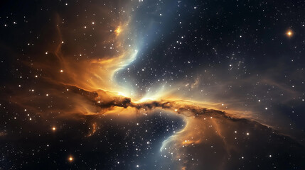 A starry sky with a bright orange cloud in the middle