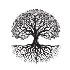 Tree silhouette. Big tree vector silhouette design. Tree with root vector illustration. Tree logo, icon black and white.