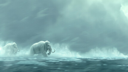 Naklejka premium Two mammoth are running through the water