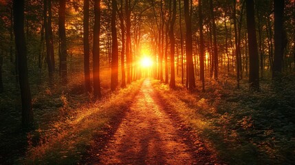 Fototapeta premium A path through a forest lit by the setting sun, with tall trees on either side.