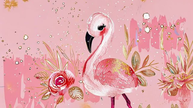 Whimsical pink flamingo with flowers and gold accents on pink background