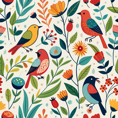 Aesthetic Birds and Floral Whimsy Vector Pattern &ndash; Bright, Cheerful Nature Illustration