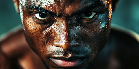 Athlete's Strength: A muscular athlete takes a deep breath before competing, determination written all over their face.