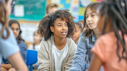 Obraz premium Engaging Classroom Discussion Teacher-Led Learning Session with Active Student Participation