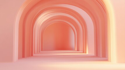 Fototapeta premium Surreal 3D render of an abstract arch tunnel with a peach pastel vertical background capturing a dreamy interior concept in a soft color palette