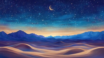 Starry desert night with crescent moon illuminating sand dunes and distant mountains, creating a serene and mystical scene
