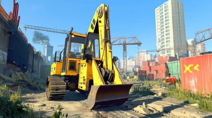 Yellow Excavator in a Construction Zone with Buildings and Cranes in the Background