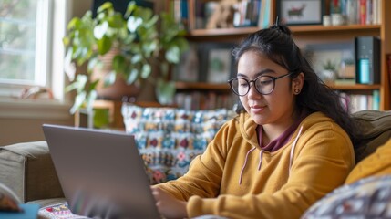 E-Learning at Home: Student Engaged in Online Class via Laptop in Cozy Study Space