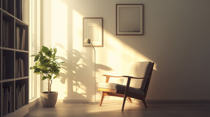 Fototapeta premium Modern reading corner featuring a single chair in a neutral color, a stylish floor lamp, and an uncluttered backdrop. Minimalist decor with natural light
