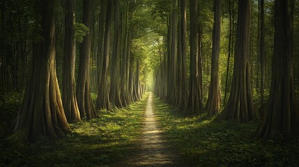 Obraz premium A path through a forest of tall trees with sunlight filtering through the canopy.