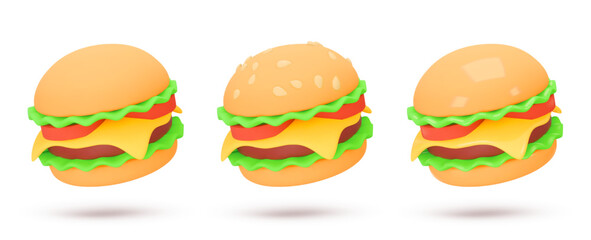 Set 3d vector icon, realistic render hamburger, burger with salad, cheese, tomato, meat, bread. Fast food. Vector illustration isolated on white background