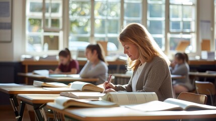 Diligent Teacher Marking Assignments in Quiet Classroom Post School Hours
