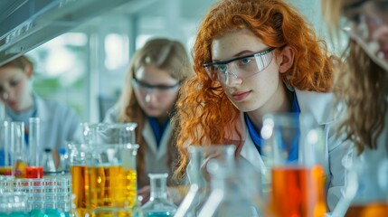 Enthusiastic High School Students Conducting Chemistry Experiment in Bright Science Lab