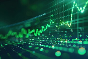 Fototapeta premium Imagine a stock market graph with green upward arrows on a high-tech digital background with financial indicators 