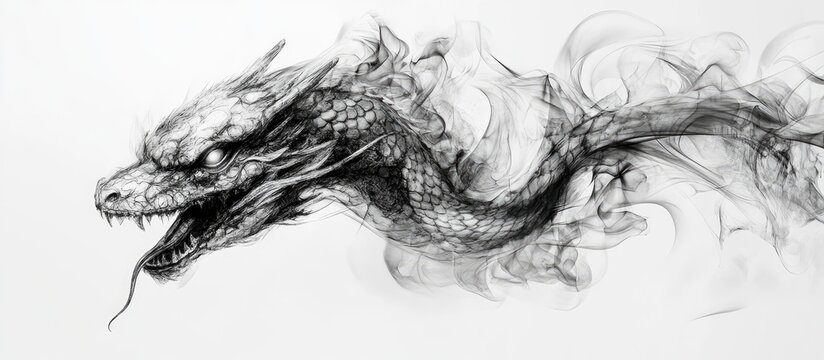 Surrealist artwork depicting a dragon s head in a monochromatic black and white palette