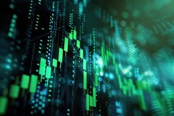 Obraz premium Imagine a stock market graph with green upward arrows on a high-tech digital background with financial indicators 