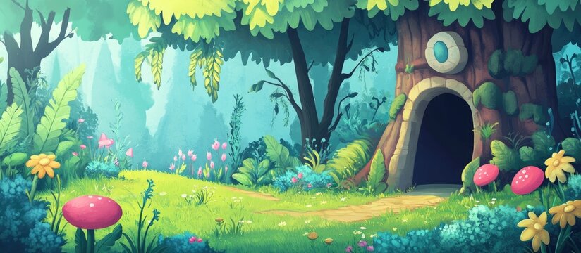 Enchanting fantasy realm Illustration of a whimsical fairy tale setting Suitable as a book cover for children backdrop for video games mural wallpaper decor or theatrical scenery 2d art