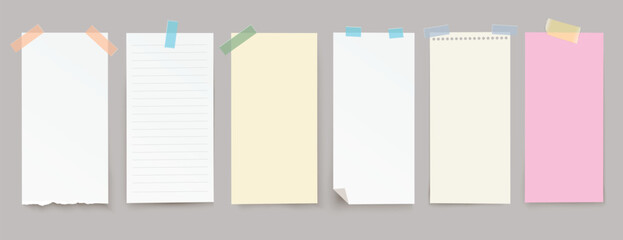 Set of vector realistic note papers with adhesive tape on transparent background.
