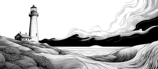 Fototapeta premium Surreal black and white lighthouse landscape isolated Hand drawn 2d illustration featuring a lighthouse adorned with lines Suitable for color pages books textiles prints designs and cards