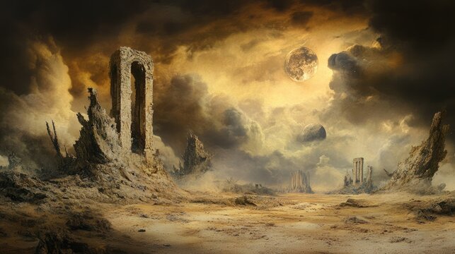 Surrealist imagery depicting dreamlike landscapes with abstract elements exploring themes of apocalypse and imagination