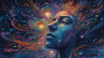 A vibrant cosmic portrait representing consciousness and creativity.