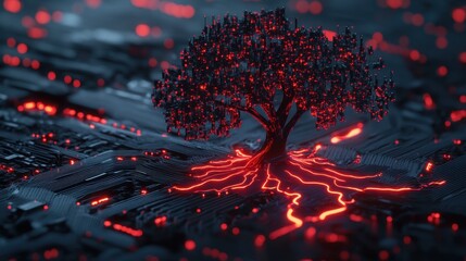 Tree-shaped circuit board design with glowing red accents, blending organic and technological elements in a futuristic aesthetic.