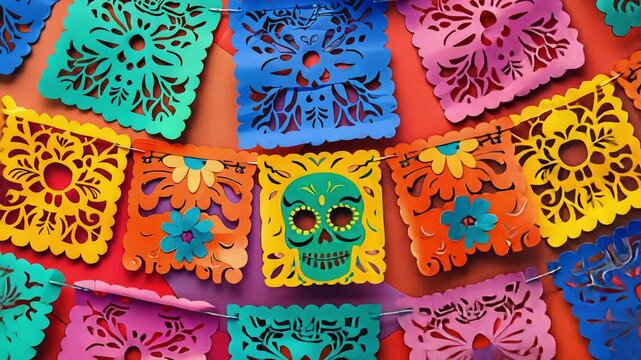 Vibrant papel picado decorations with colorful skull designs