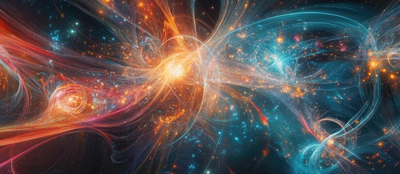 An abstract visual representation illustrating the concept of multidimensional string theory related to the structure of the universe