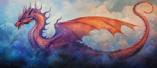 Whimsical dragon mural Contemporary fresco artwork Fantasy creature in surrealist style Stylish backdrop for interiors photo wallpaper cards and posters