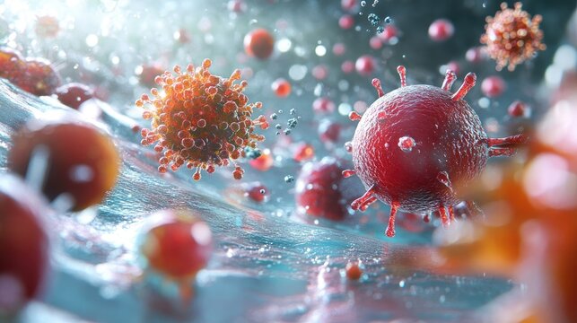 Tumor microenvironment featuring cancer cells T cells nanoparticles molecules and blood vessels highlighting a concept in oncology research