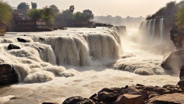 Jabalpur , India -9 February 2024 White stream of swift water of Dhuandhar waterfall on Narmada River at Bhedaghat in Jabalpur Madhya Pradesh india
