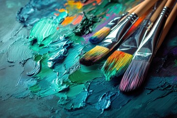 Obraz premium Paintbrushes rest on a vibrant palette filled with colors, ready to create abstract strokes on a canvas in an artistic studio. Generative AI