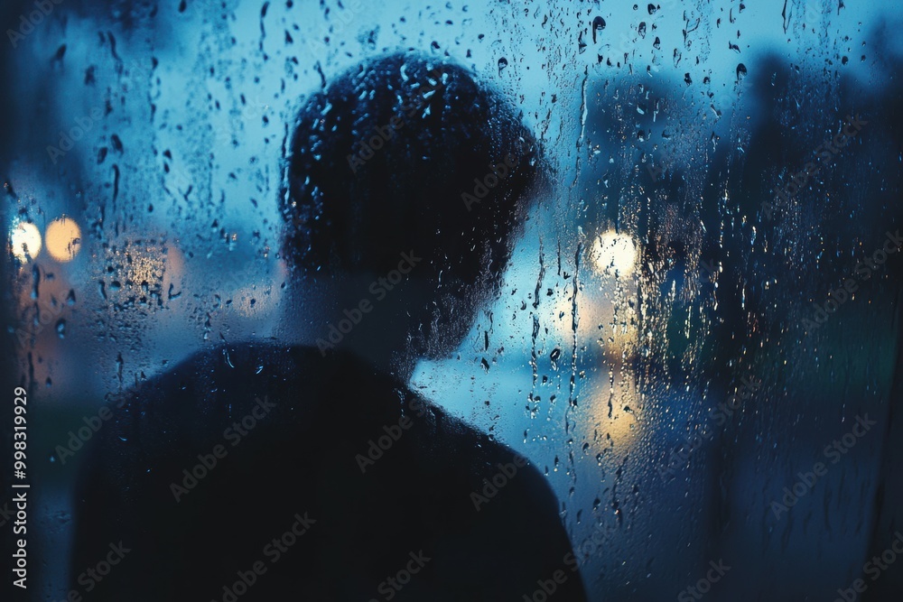 Poster a figure stands by a rain-soaked window, lost in contemplation as raindrops flow down the glass, evo