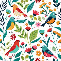 Aesthetic Birds and Floral Whimsy Vector Pattern &ndash; Bright, Cheerful Nature Illustration