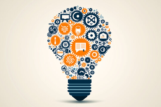 Innovative lightbulb design featuring interconnected gears and icons, symbolizing creativity and technology. This unique illustration represents ideas and inspiration