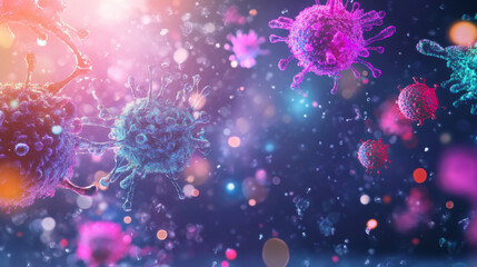 Bioengineered cells glowing in vibrant colors create mesmerizing view under microscope, showcasing intricate details of cellular structures. scene evokes sense of wonder and curiosity about microscopi