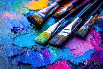 Fototapeta premium Bright splashes of color from paints blend with varied brush strokes on a canvas as paintbrushes rest nearby from a creative endeavor. Generative AI
