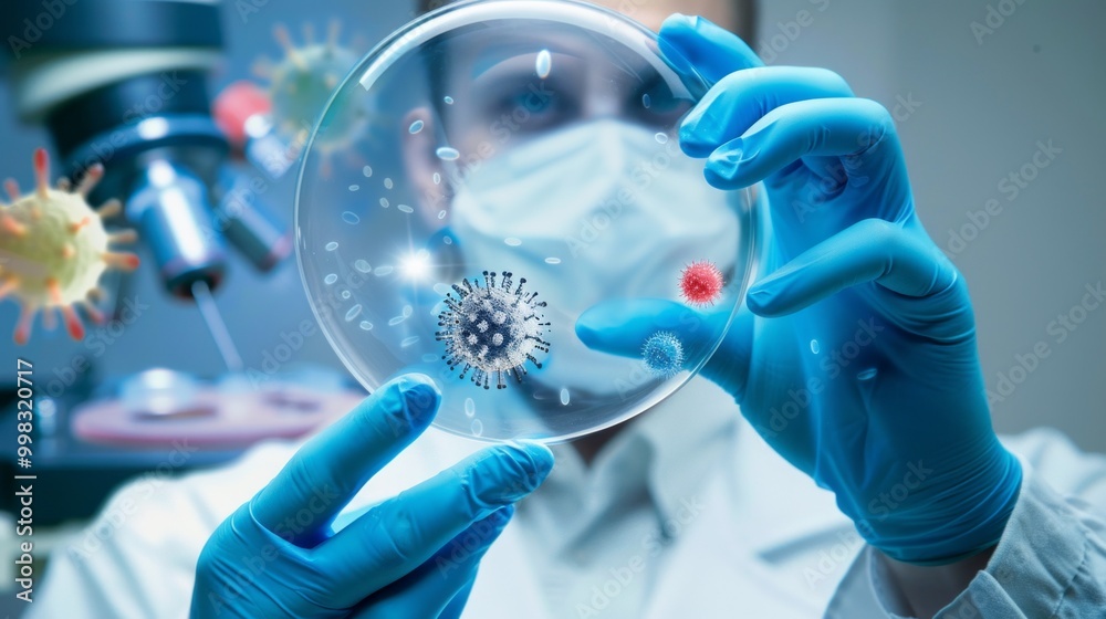Poster a scientist is holding a glass slide with a virus on it