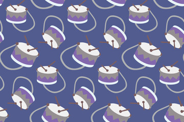 WebDrum flat Seamless pattern. Cartoon Color Musical background with Kids Drums and Sticks. Music Festival Background, Percussive instruments. Template for Print, Wrapping Paper, Textile, Decoration.