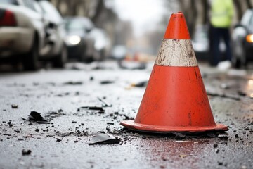 Orange Traffic Cone on Wet Asphalt with Glass Shards